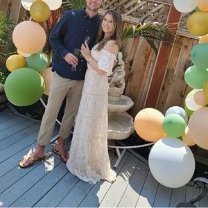 Off the Shoulder Floral Lace Maxi Dress in Cream Blush